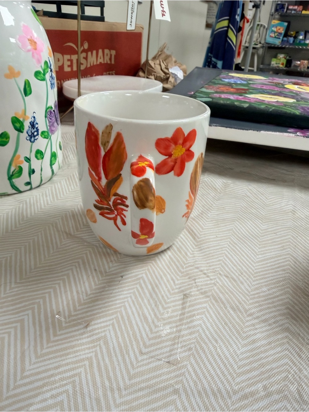 Hand-Painted Floral Ceramic Mug - Orange Flowers